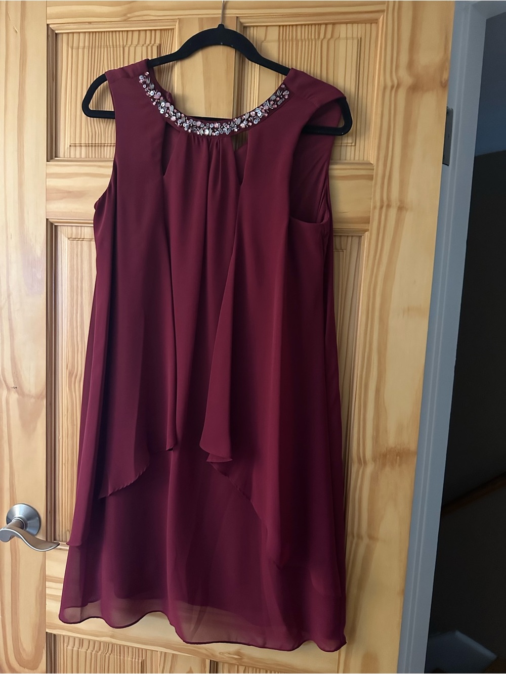 S.L. Fashions Sleeveless Burgundy Beaded-Neck Mini Dress